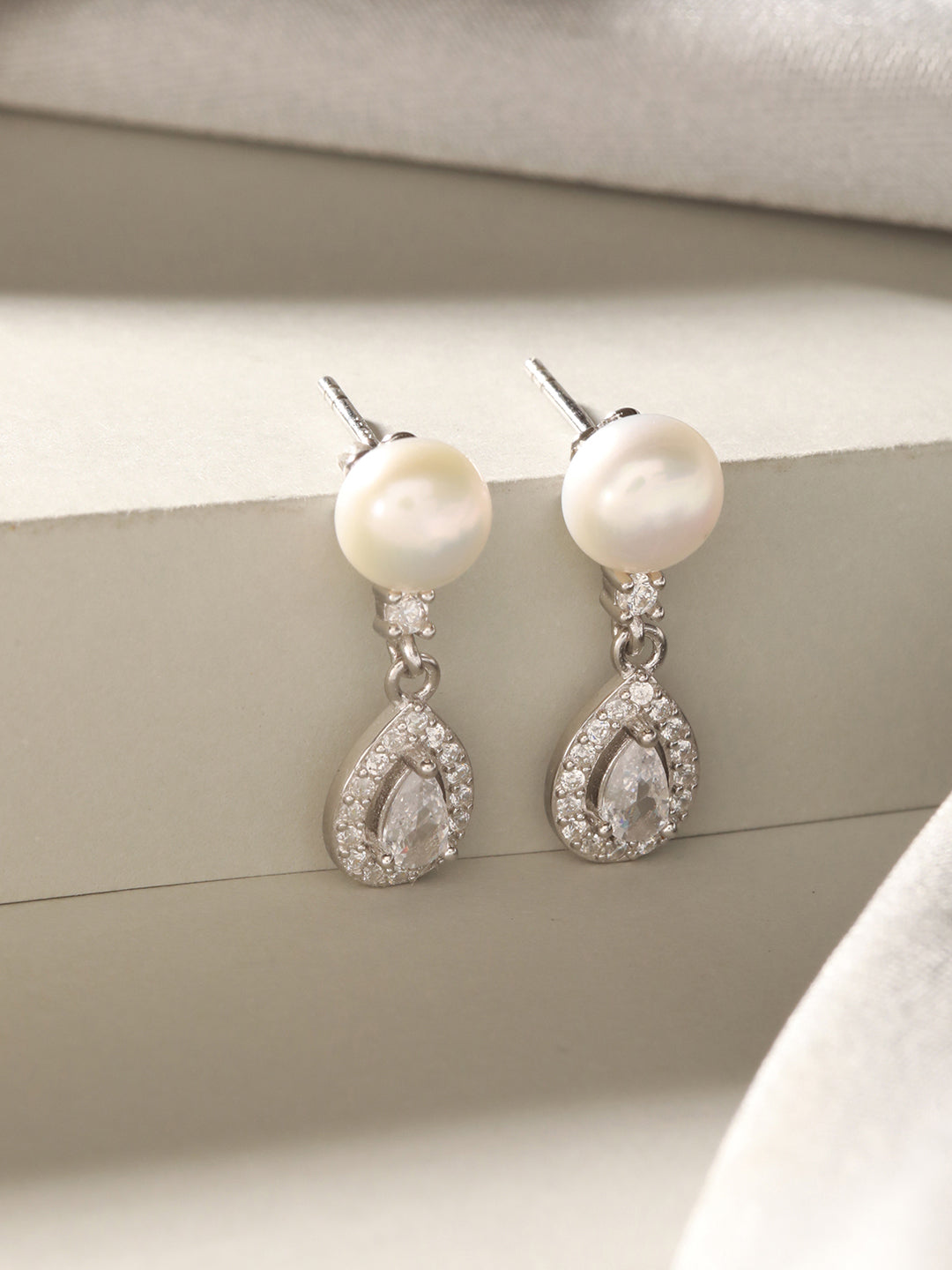 925 Sterling Silver Zircon & Pearl Embellished Drop Statement Earrings